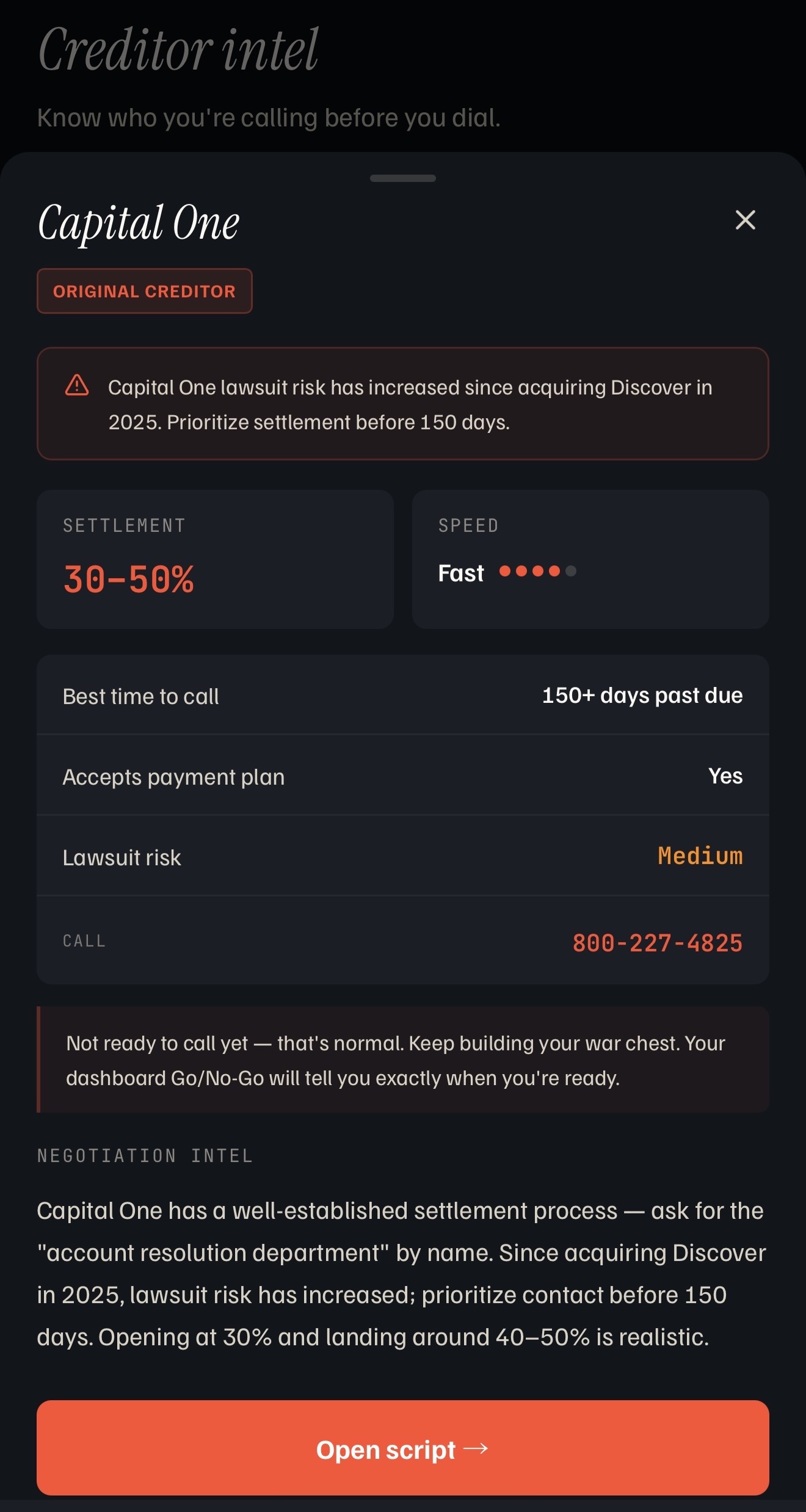 debtself creditor intelligence screen with creditor profiles, settlement ranges, and contact numbers