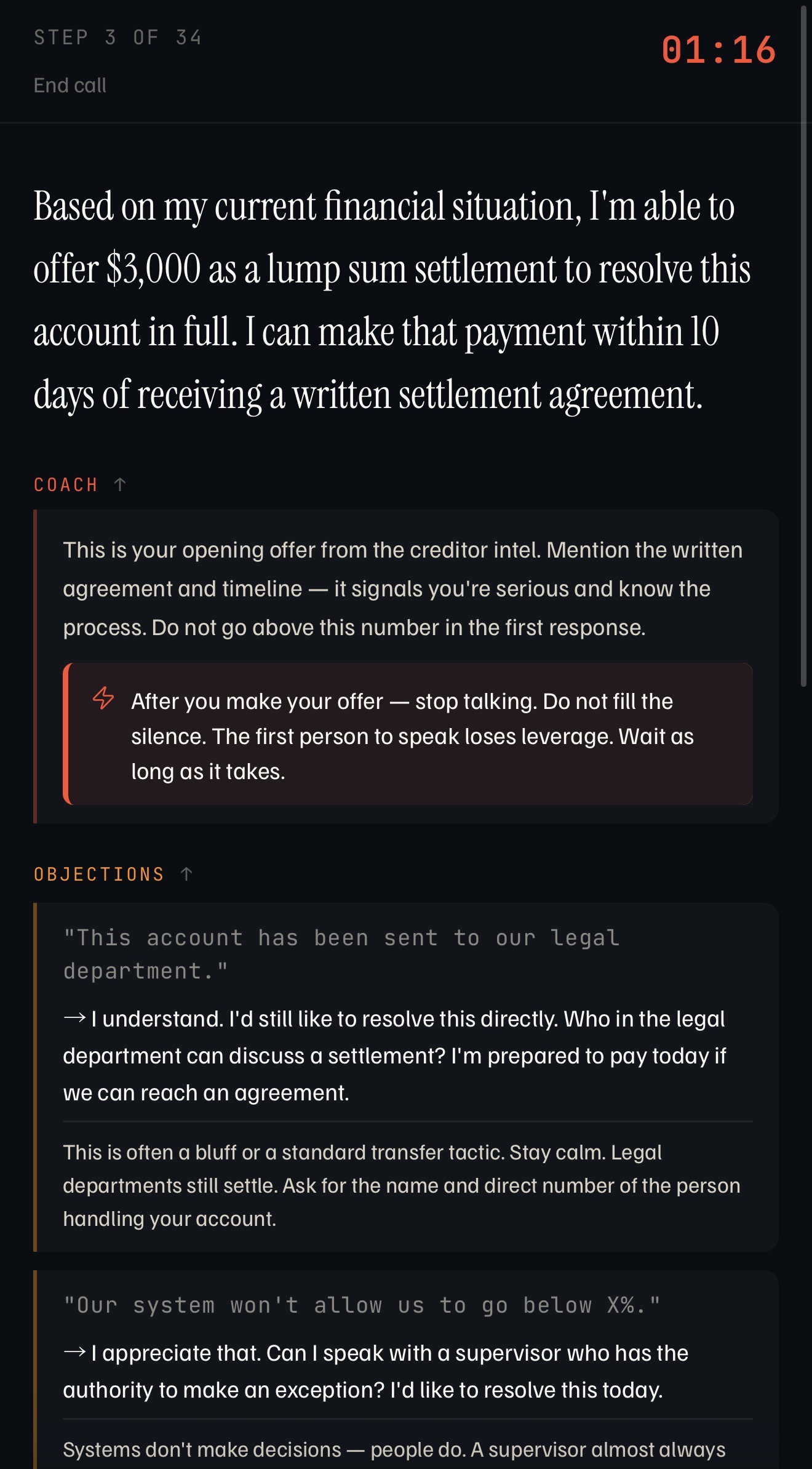 debtself opening offer screen with a suggested offer amount and ready objection responses