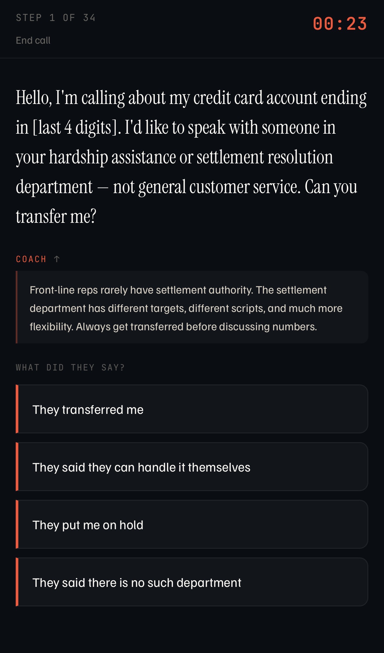 debtself in-call script reader showing word-for-word lines, a live call timer, and coach notes