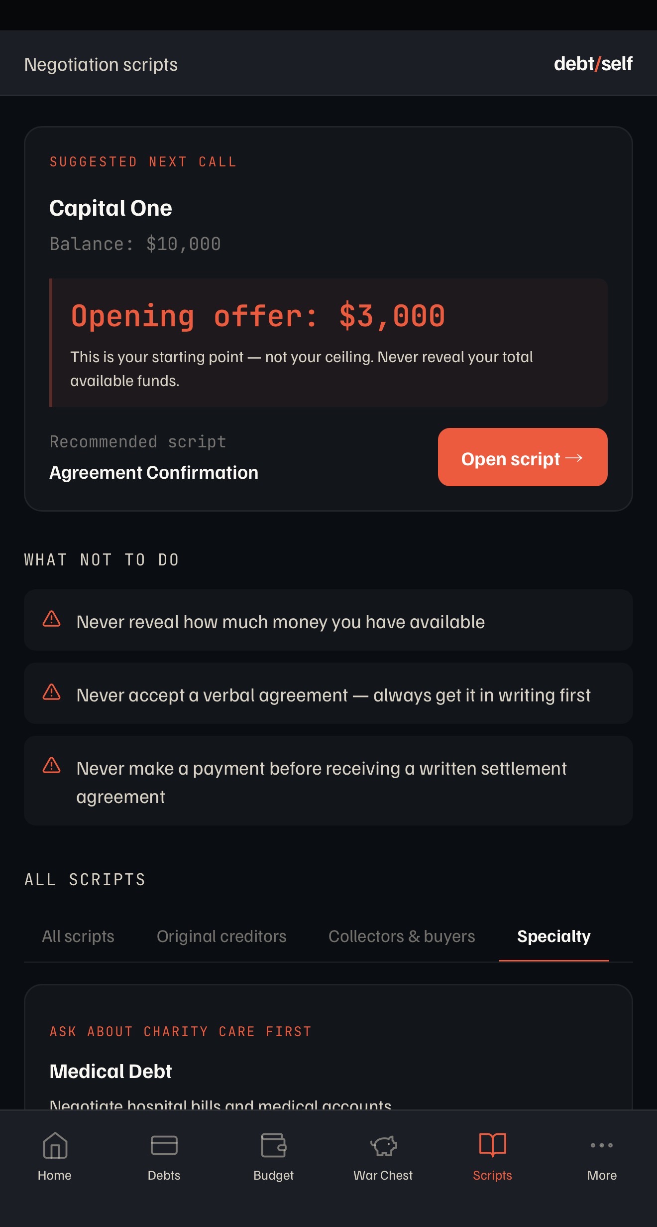 debtself scripts library listing negotiation scripts by creditor type and negotiation stage