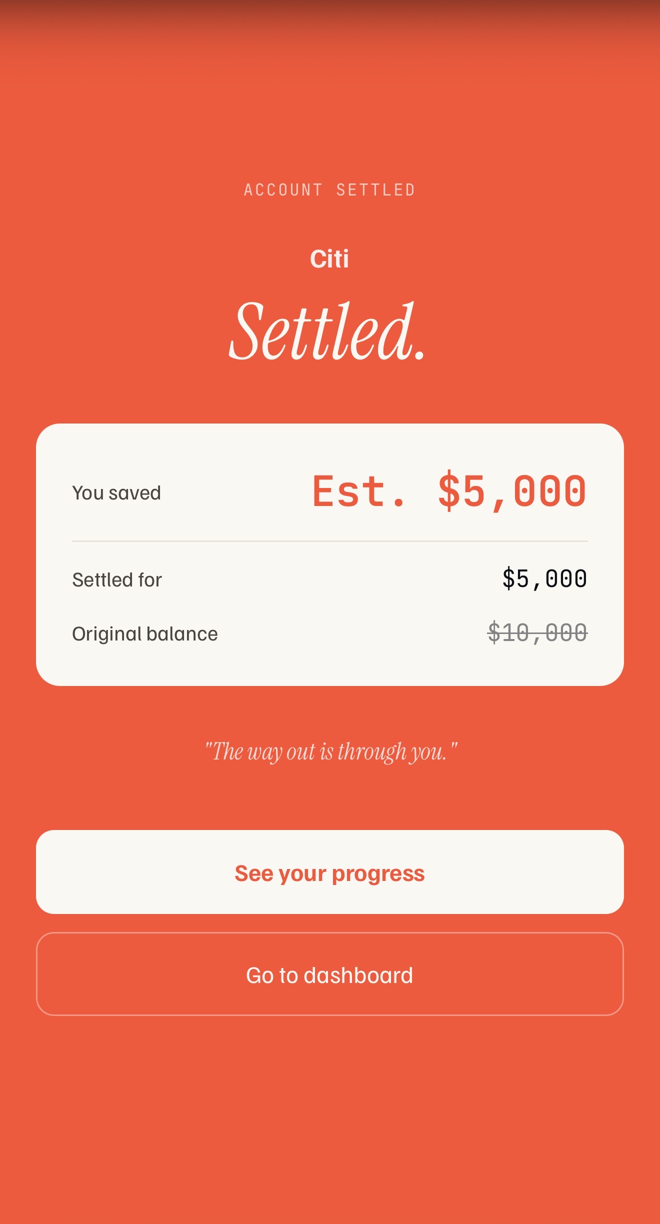 debtself settlement complete screen showing the logged result for a closed account