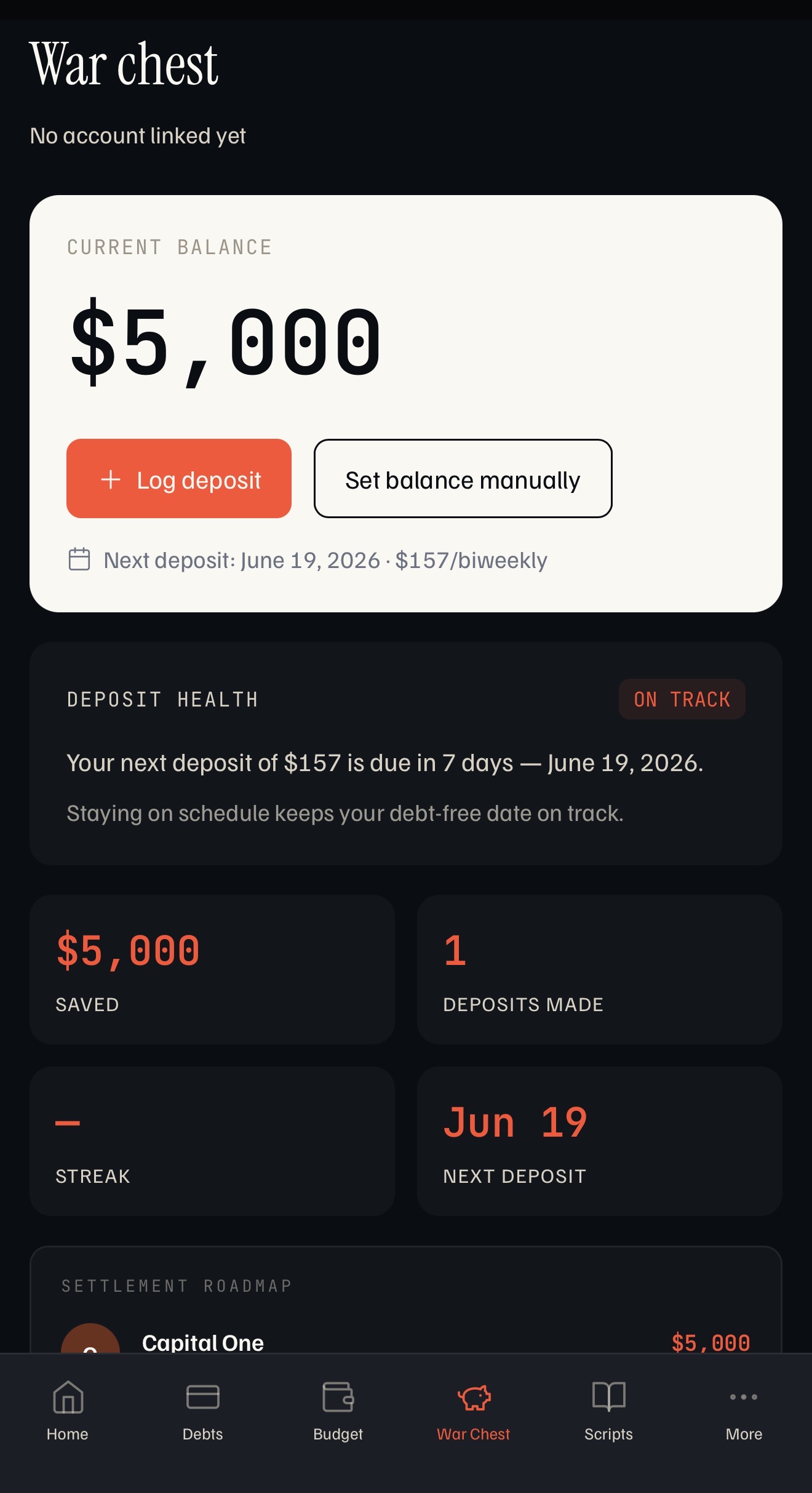 debtself war chest screen tracking settlement savings, deposit streak, and progress toward an opening offer